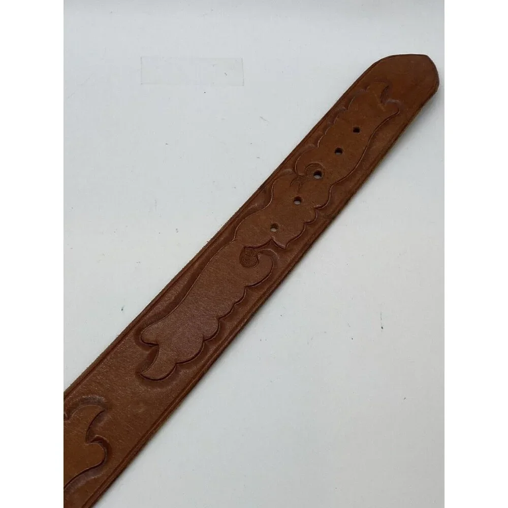 Brown Women's Embossed Belt Genuine Leather Size 26 Brass Buckle - Picture 13 of 16
